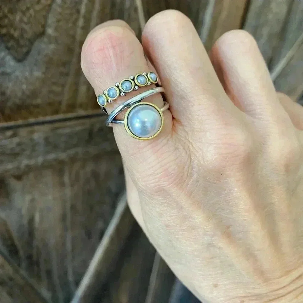 Size 7 Pretty Gold & Silver Tone Pearl Ring NEW